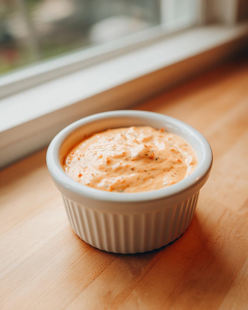 A small white ramekin filled with creamy, orange-colored cheeseburger egg roll sauce, sitting on a wooden surface near a window.