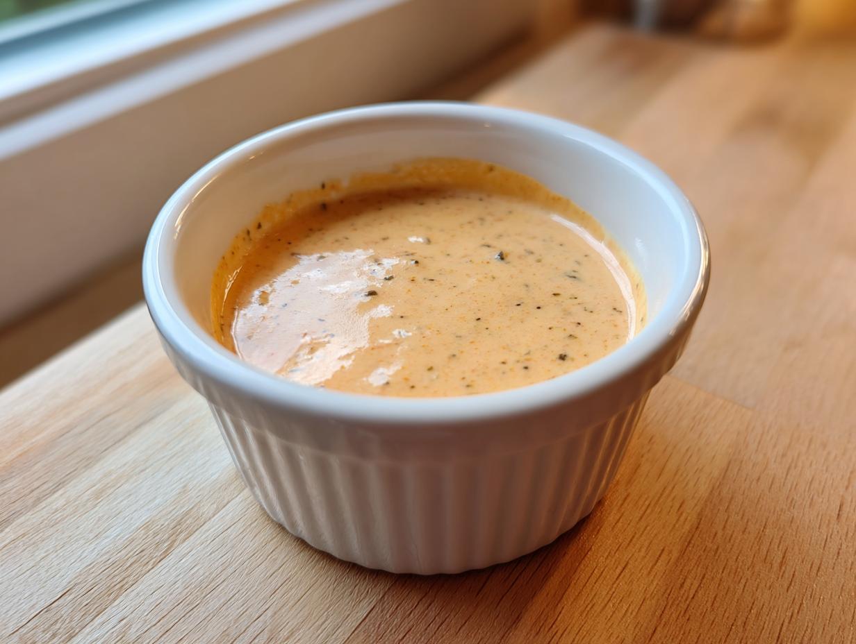 A close-up of creamy, orange-hued cheeseburger egg roll sauce seasoned with dark specks, served in a small white ramekin.