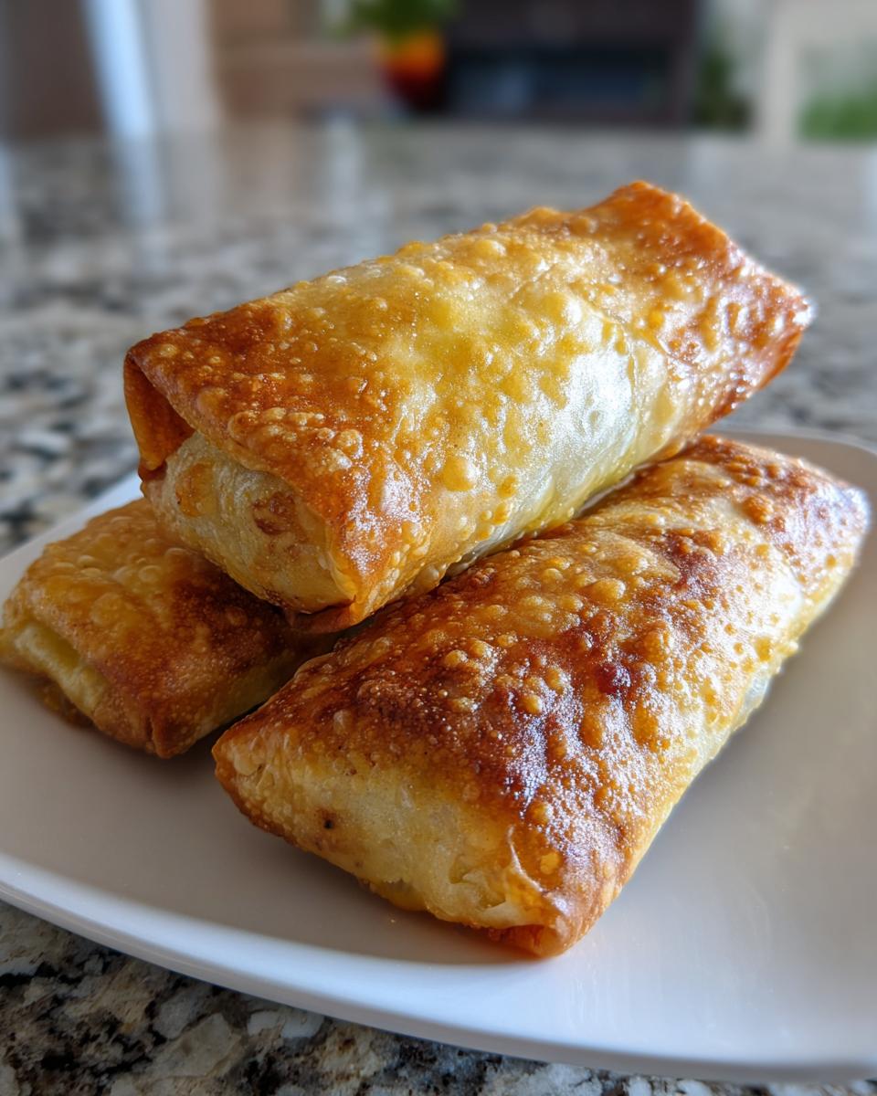 Three golden brown, crispy cheeseburger egg rolls baked to perfection, stacked on a white plate.