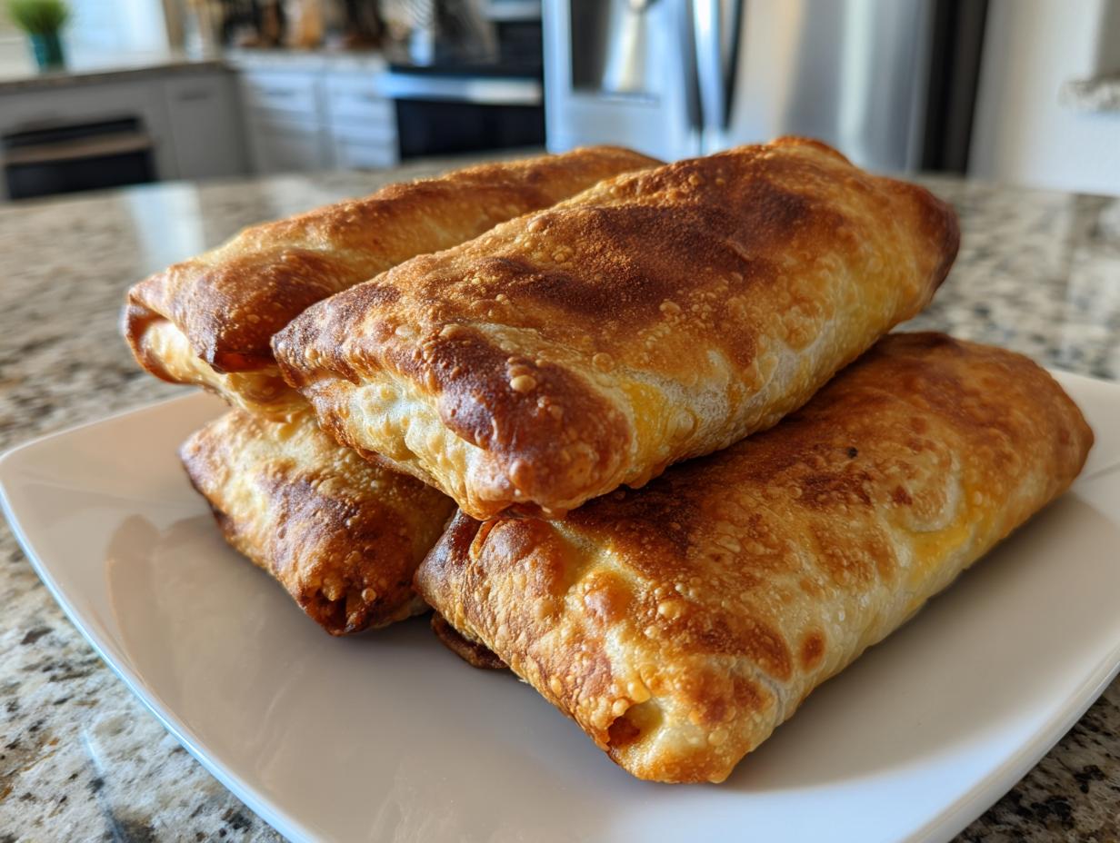 Four golden-brown, crispy cheeseburger egg rolls baked to perfection, stacked on a white plate.