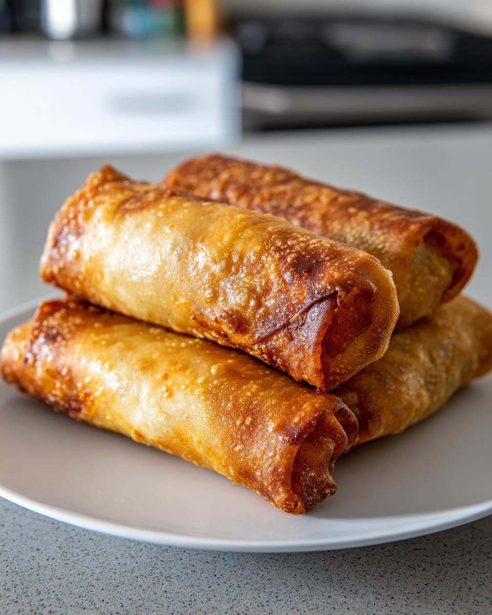 Four golden brown, crispy cheeseburger egg rolls baked until perfectly done, stacked on a white plate.