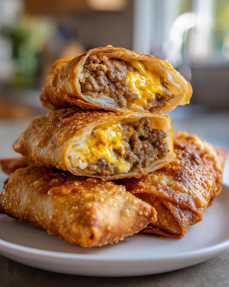 Stack of crispy, golden-brown cheeseburger egg rolls disney style, with one cut open showing ground beef and melted cheese filling.