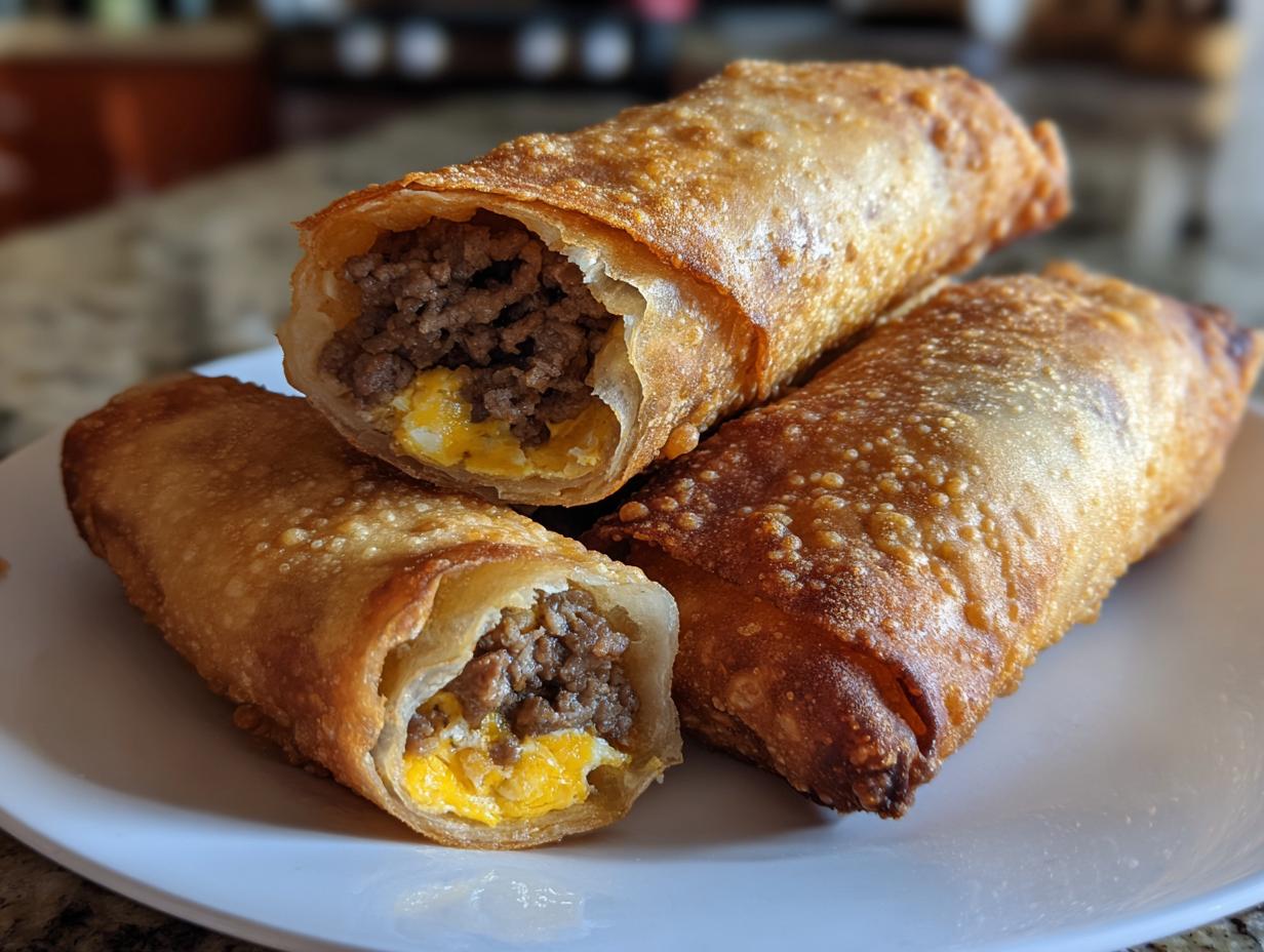 Three crispy, golden-brown cheeseburger egg rolls disney style piled on a white plate, one cut open revealing ground beef and melted cheese.