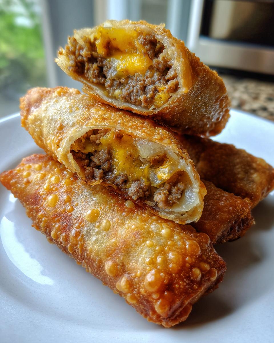 Close-up of crispy, golden-brown cheeseburger egg rolls disney, showing the savory ground beef and melted cheese filling.