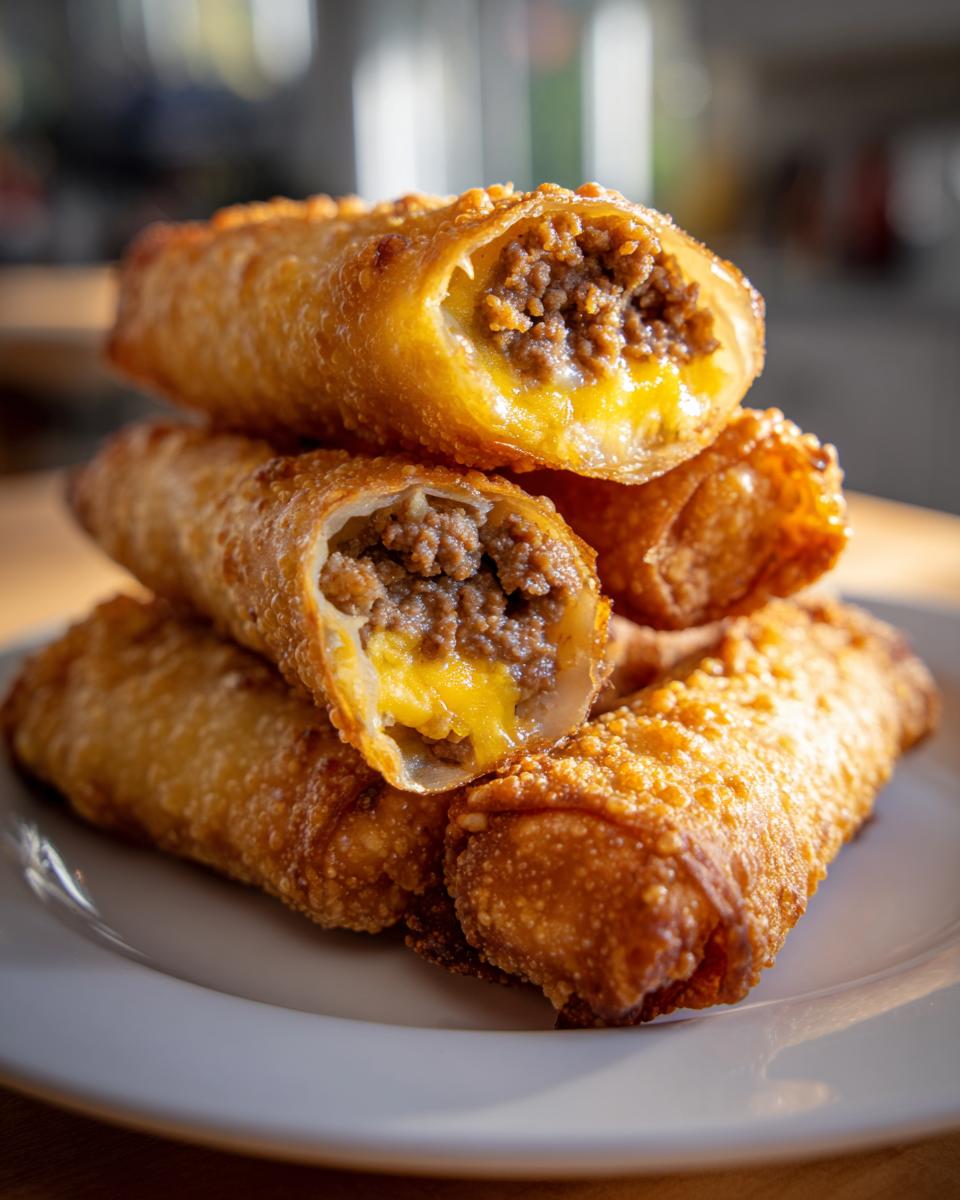 Stack of crispy, deep-fried cheeseburger egg rolls disney style, with one cut open showing ground beef and melted cheese filling.