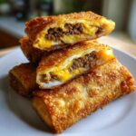 A stack of crispy, golden-brown cheeseburger egg rolls disney, cut open to show the ground beef and melted cheese filling.