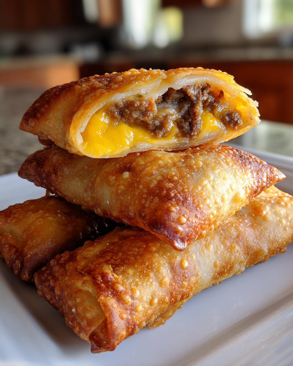 Close-up of stacked, deep-fried cheeseburger egg rolls disney style, one cut open showing ground beef and melted cheese filling.