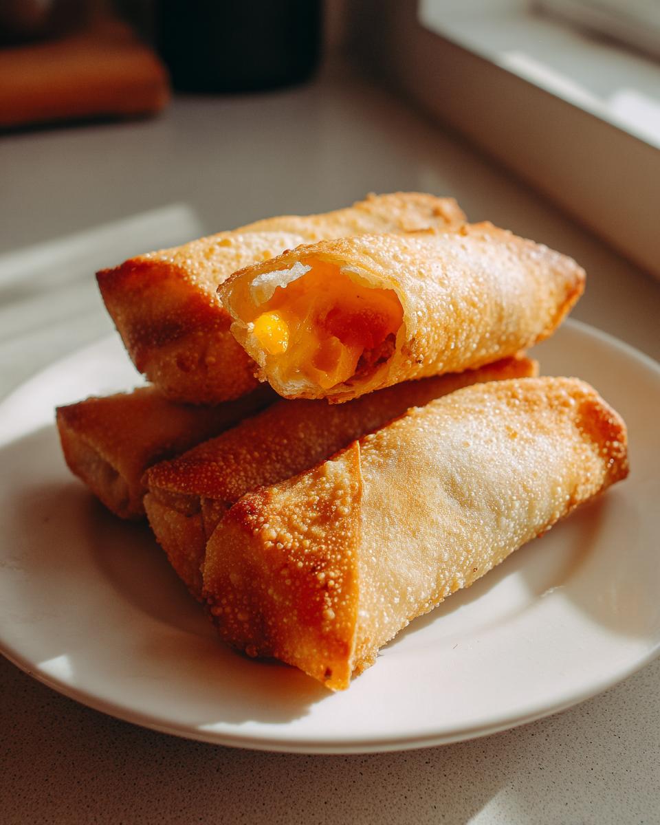 A stack of crispy, golden-brown cheeseburger egg rolls with one cut open showing melted cheese filling.