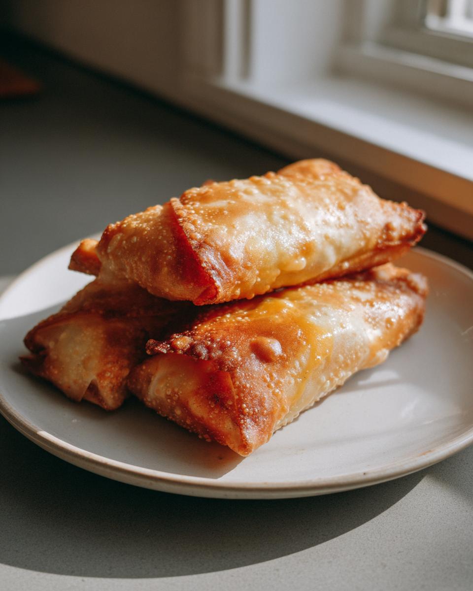 Three crispy, golden brown cheeseburger egg rolls stacked on a light-colored plate near a window.