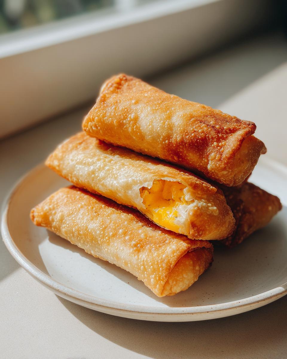 A stack of crispy, golden-brown cheeseburger egg rolls on a light plate, one is broken open showing melted cheese filling.