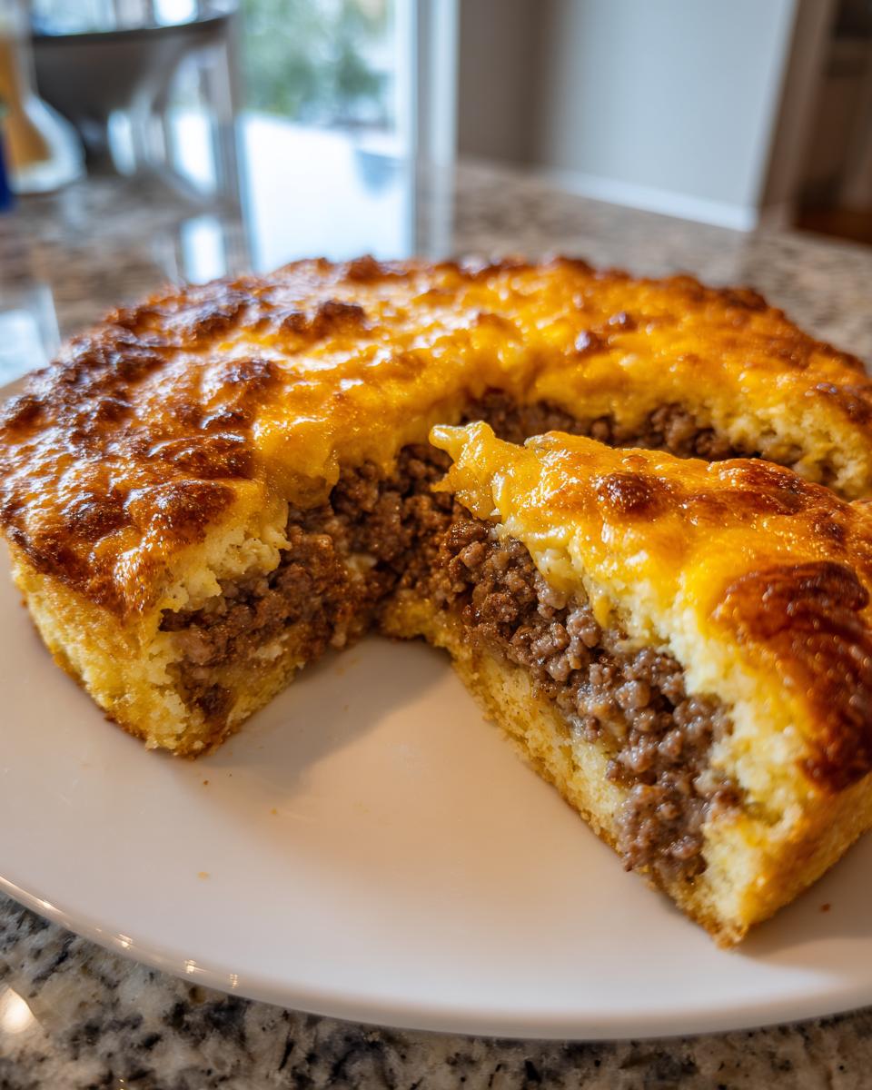 A slice removed from a baked cheeseburger pie bisquick, showing the ground beef filling and golden, melted cheese crust.