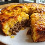 A slice removed from a baked cheeseburger pie bisquick showing the ground beef filling and cheesy topping.