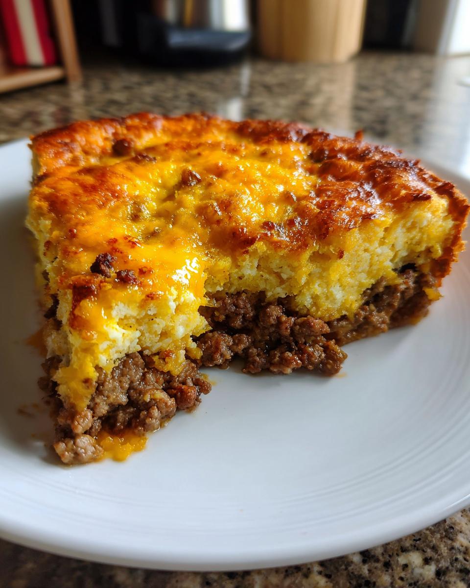 A close-up slice of cheeseburger pie bisquick showing a layer of seasoned ground beef topped with a golden, cheesy biscuit crust.