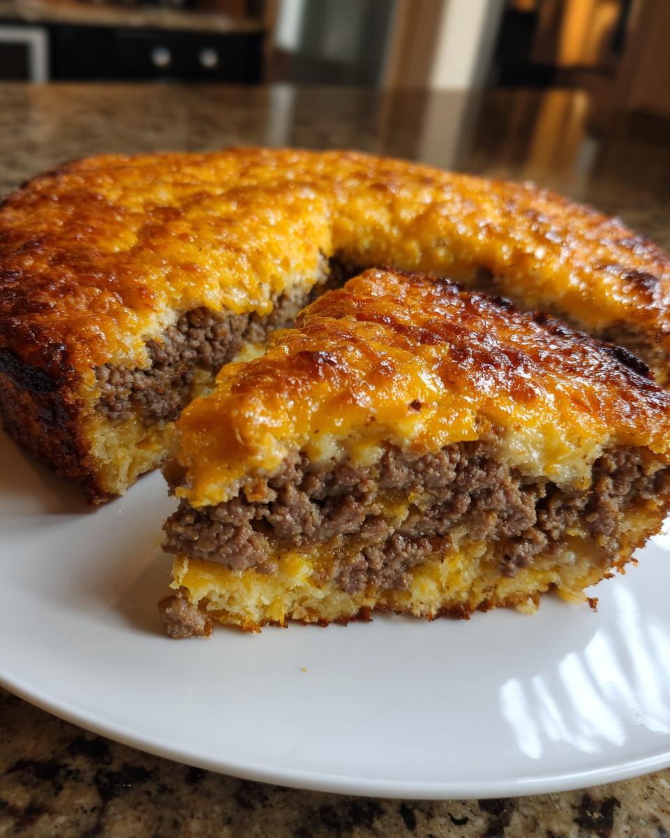 A close-up of a slice of cheeseburger pie bisquick showing layers of ground beef filling and a golden, cheesy crust.