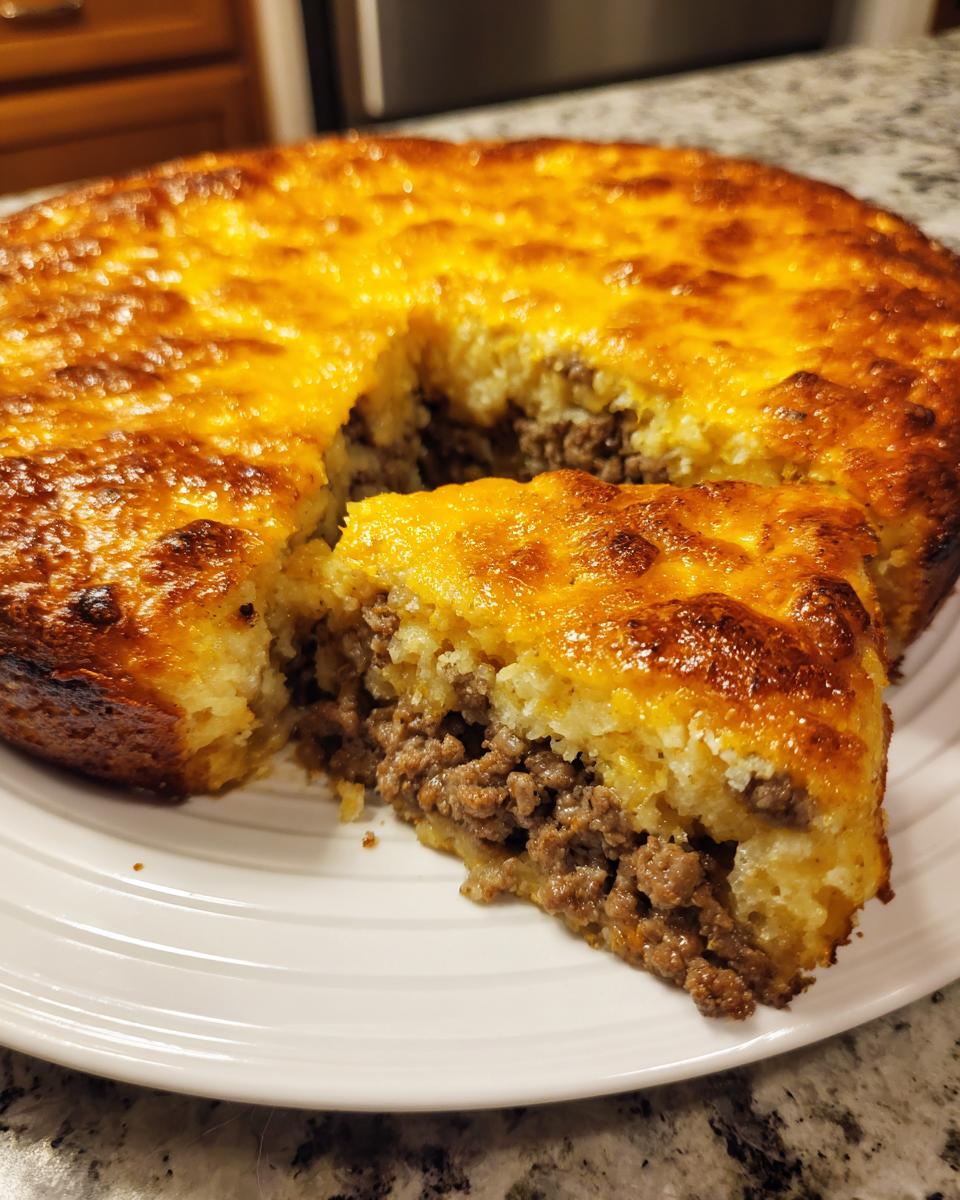A slice of cheeseburger pie bisquick showing a ground beef filling encased in a golden, cheesy crust.