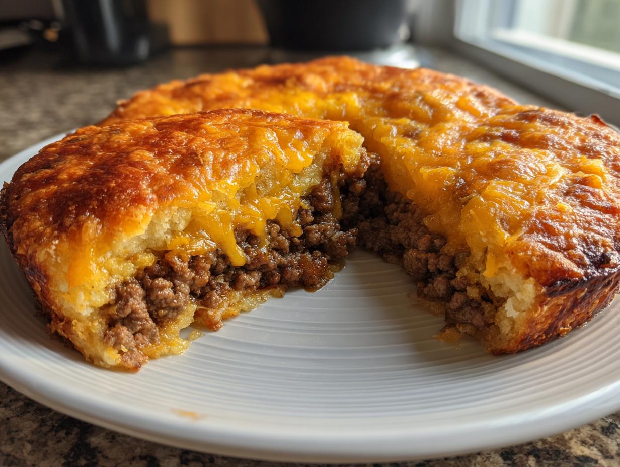 A cross-section view of a baked cheeseburger pie bisquick showing a ground beef filling topped with melted cheddar cheese.