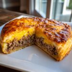 A slice removed from a golden-brown cheeseburger pie, revealing layers of ground beef filling and melted cheese topping.