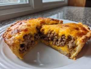 A cross-section view of a baked cheeseburger pie, showing a flaky crust filled with seasoned ground beef and topped with melted, golden cheddar cheese.