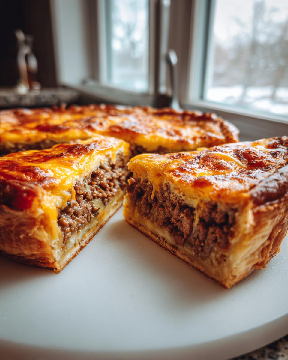 Close-up of a slice of cheeseburger pie showing the flaky crust and savory ground beef filling topped with melted cheddar cheese.