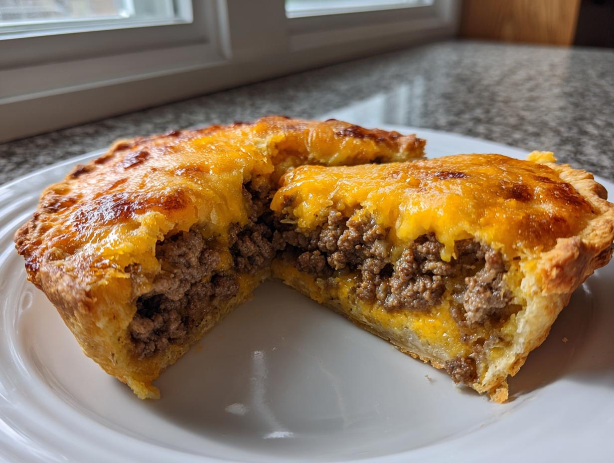 A cross-section view of a baked cheeseburger pie, showing a flaky crust filled with seasoned ground beef and topped with melted, golden cheddar cheese.