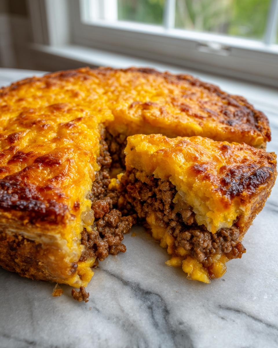 A slice cut from a golden, cheesy cheeseburger pie revealing a hearty ground beef filling.
