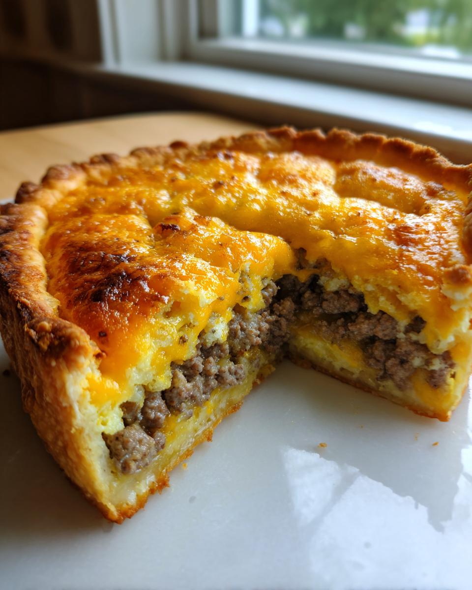 Cross-section view of a baked cheeseburger pie showing layers of ground meat filling and a golden, melted cheddar cheese topping.