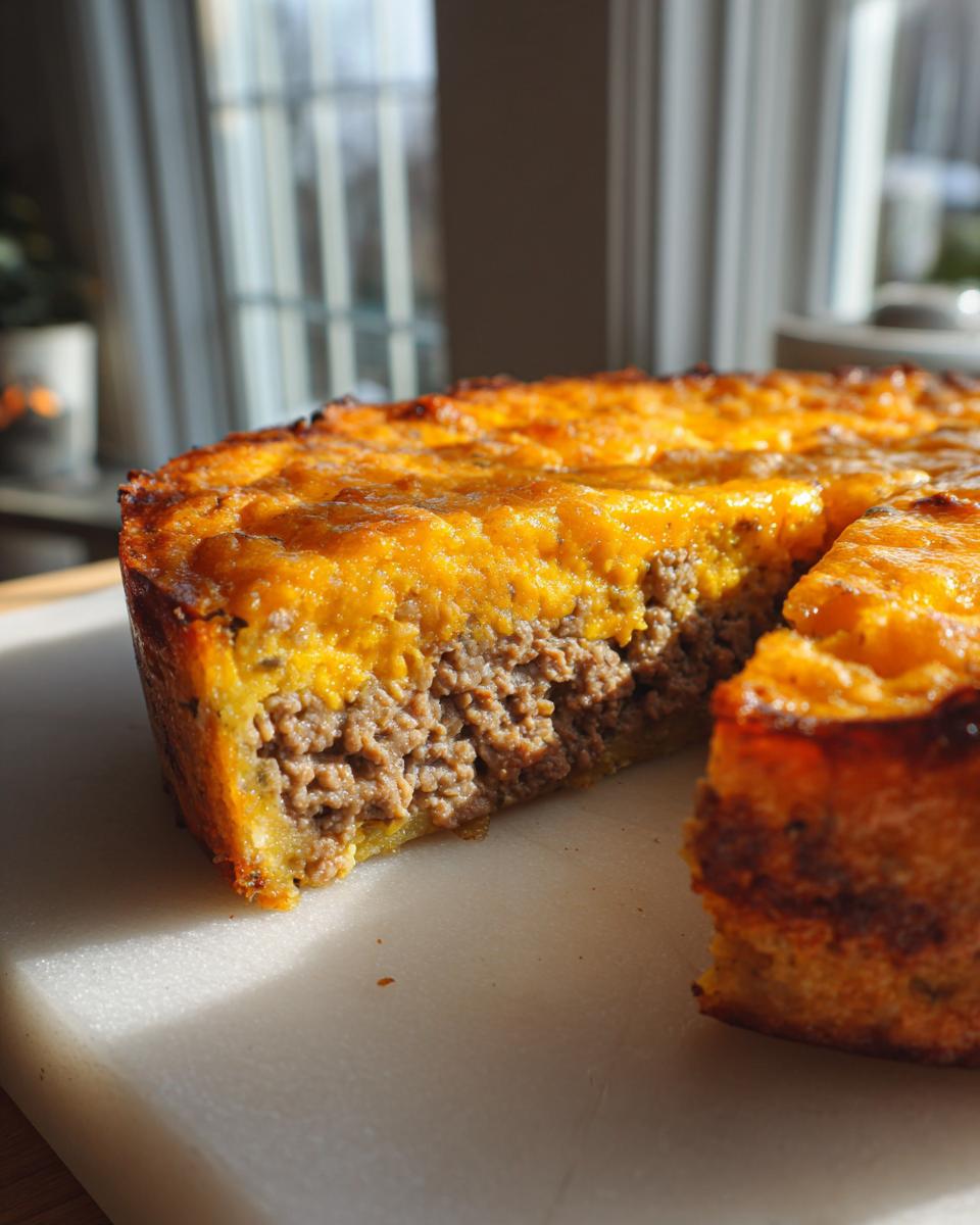 A close-up view of a slice cut from a baked cheeseburger pie, showing a thick layer of seasoned ground beef filling topped with melted cheddar cheese.