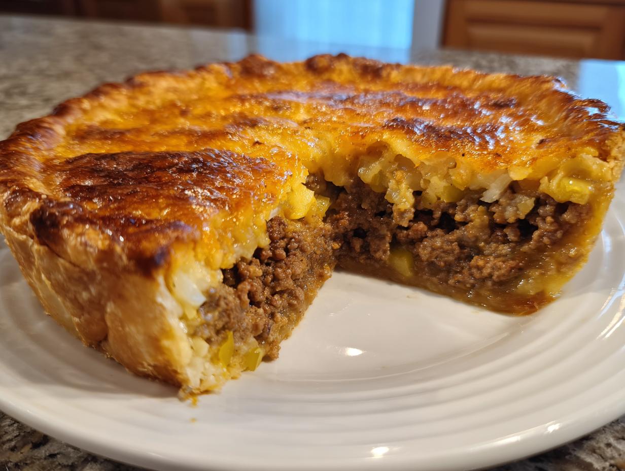 A close-up of a slice removed from a baked cheeseburger pie with crust, showing the ground beef filling and cheesy topping.
