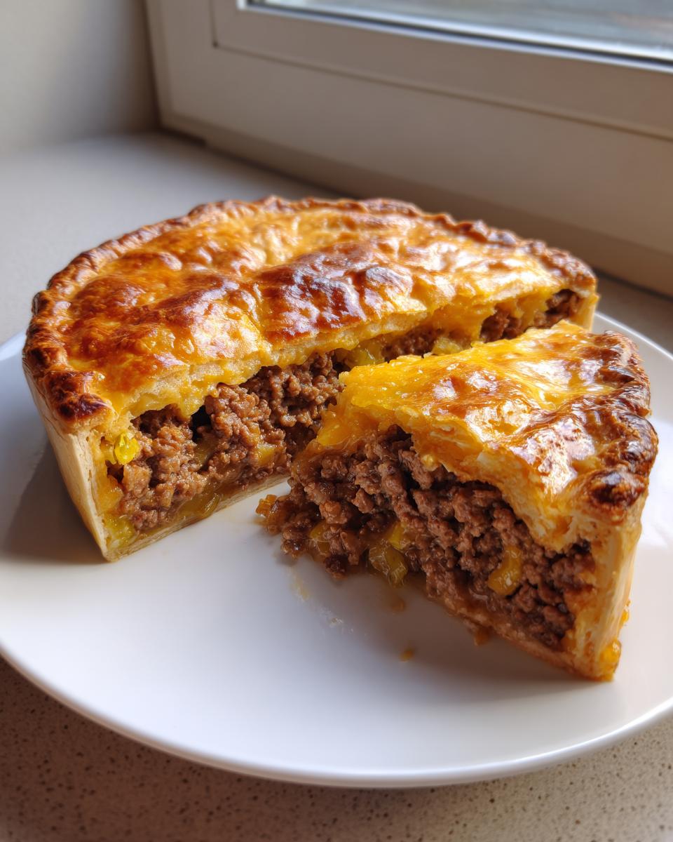 A golden-brown cheeseburger pie with crust cut in half, revealing a savory ground beef and cheese filling.