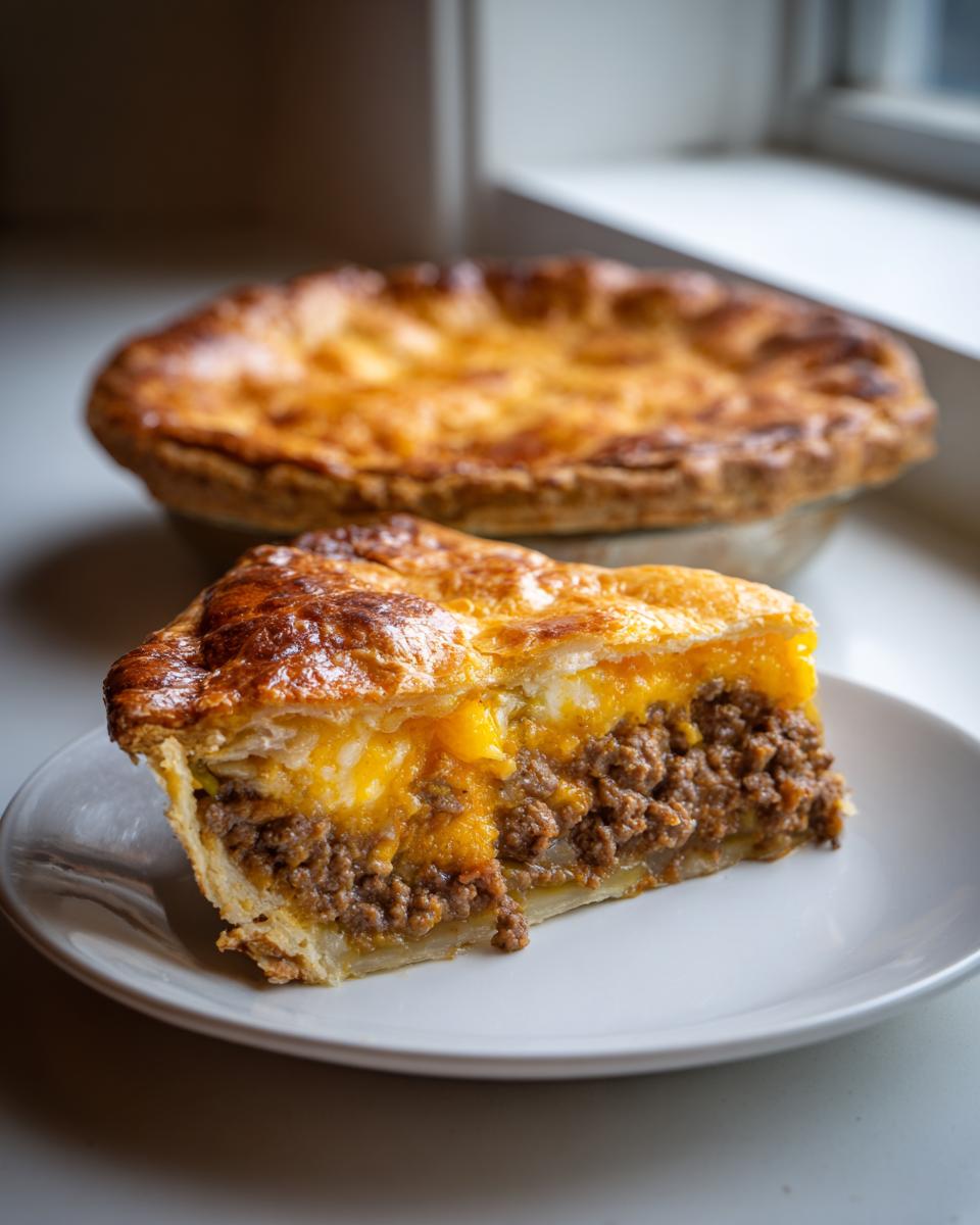 A thick slice of cheeseburger pie with crust showing a ground beef filling and melted cheese topping, served on a white plate.