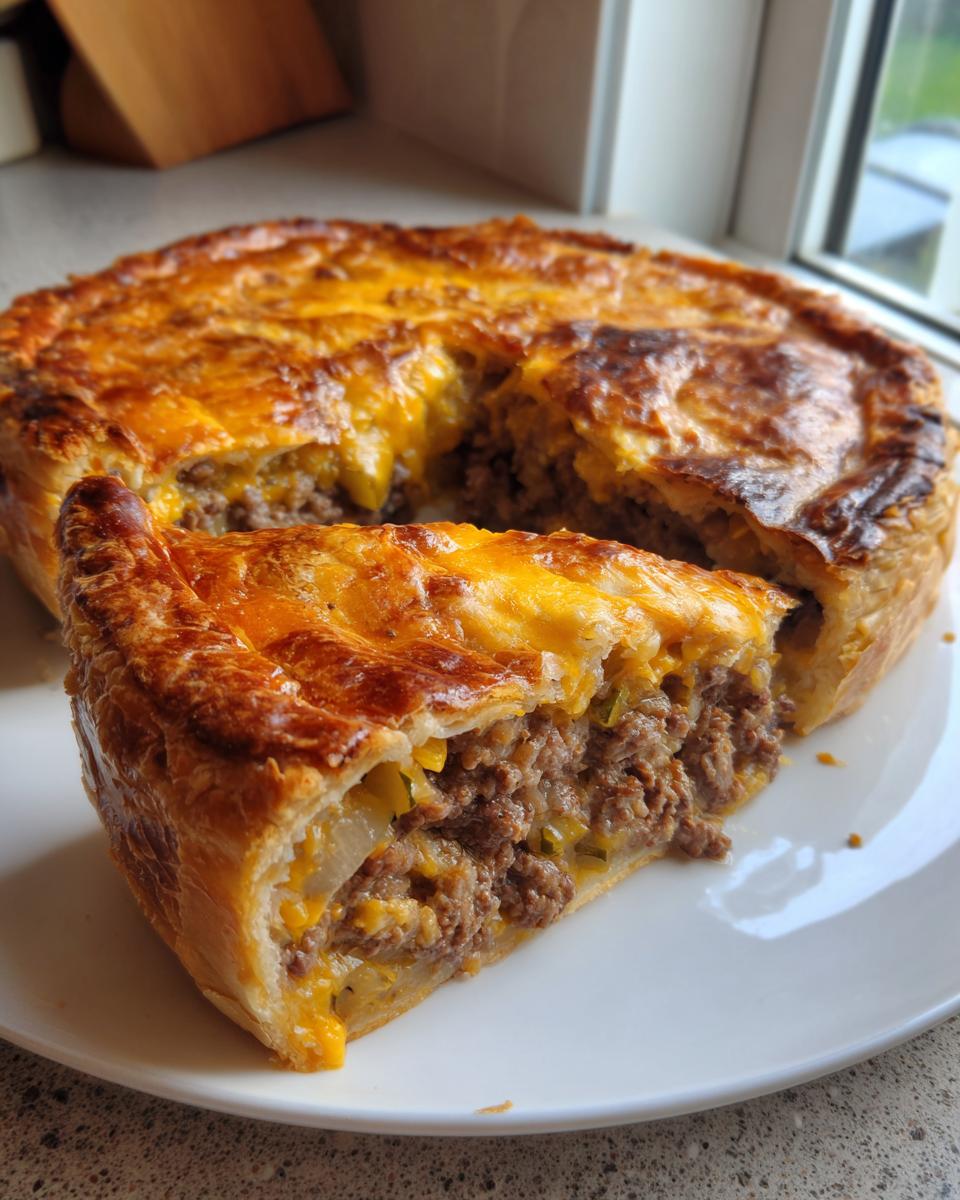 A thick slice of cheeseburger pie with crust, showing a rich ground beef filling and melted cheese topping.