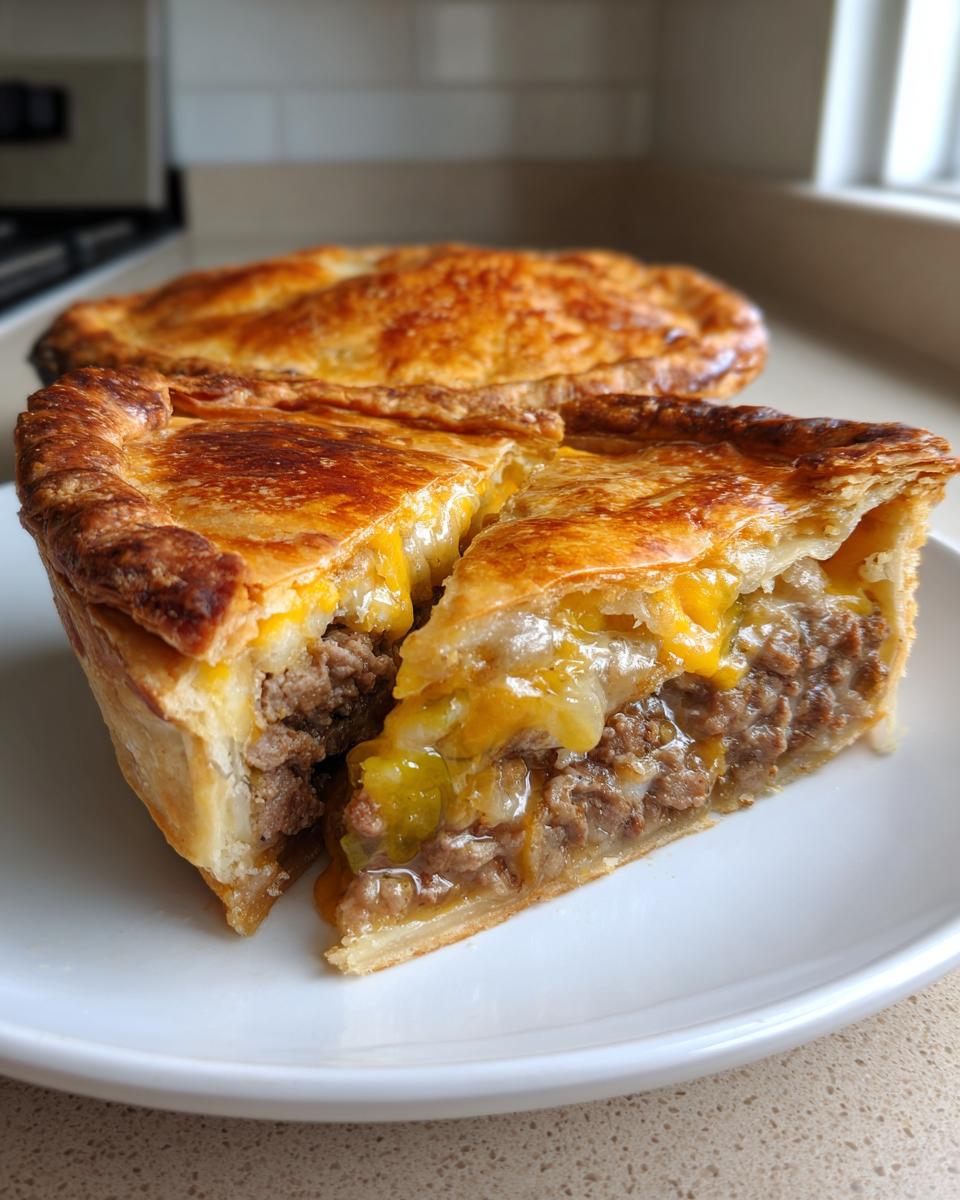Two slices of a golden-brown cheeseburger pie with crust, showing the savory ground beef and melted cheese filling.
