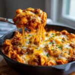 A spoonful of cheesy beef enchilada tortellini skillet showing dramatic cheese pulls over the main dish in a cast iron pan.