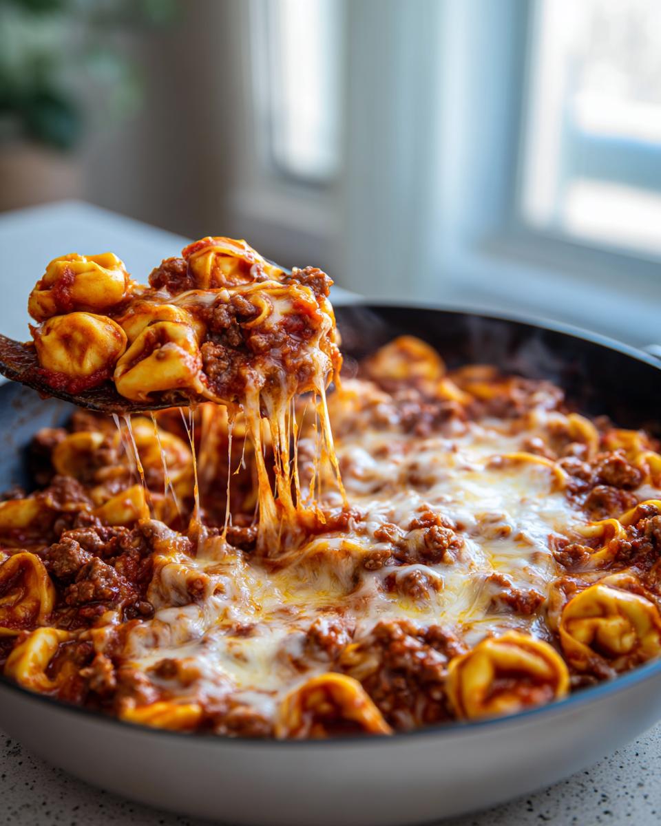 A spoonful of cheesy beef enchilada tortellini skillet showing dramatic cheese pulls over the main dish in the pan.