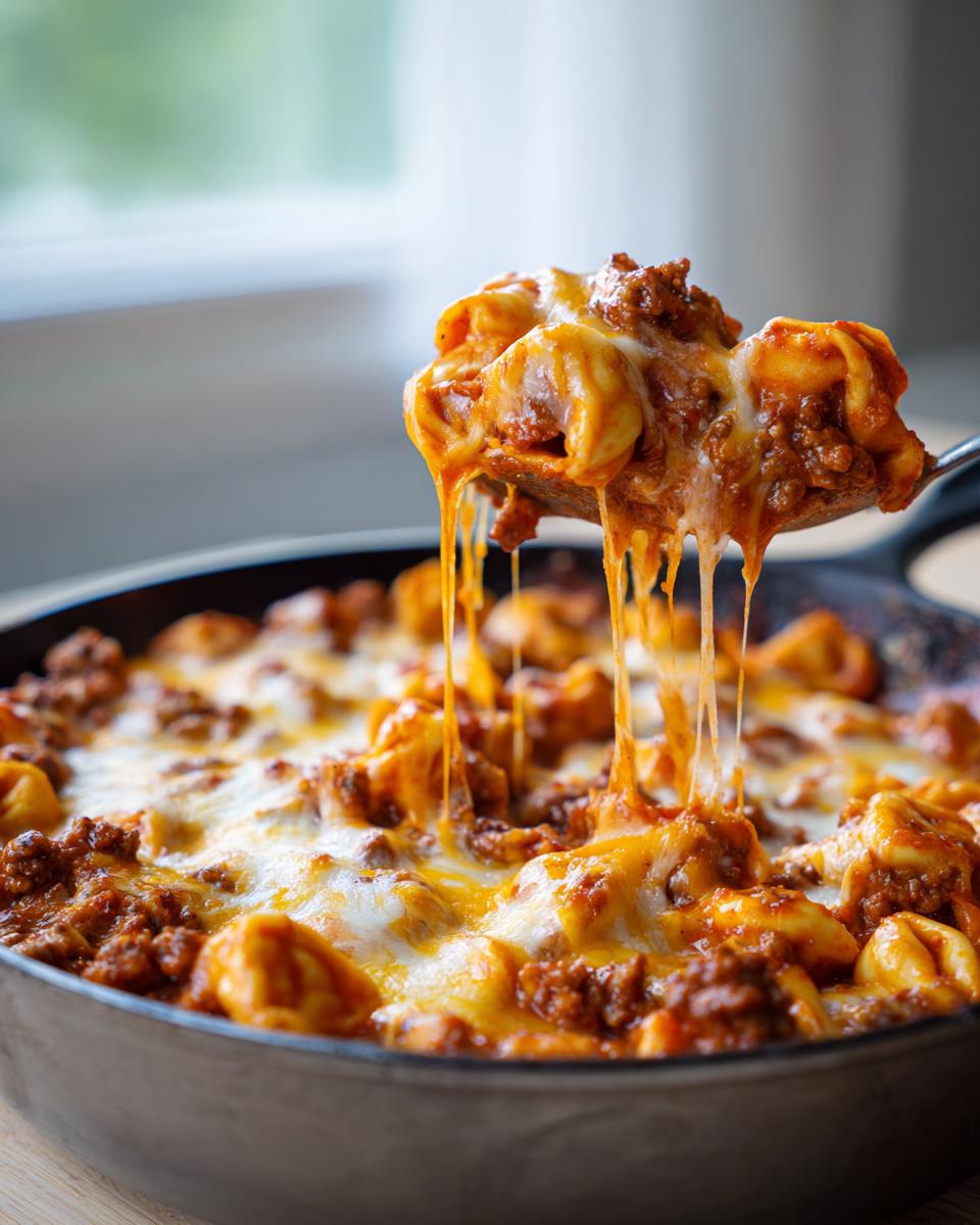 A spoonful of cheesy beef enchilada tortellini skillet showing a dramatic cheese pull over the main dish in the pan.