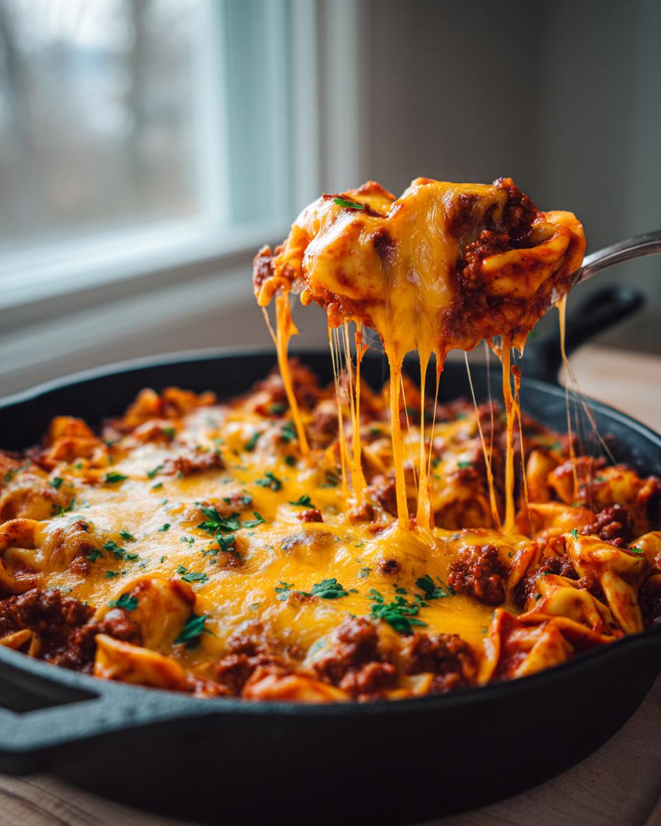 A spoonful of cheesy beef enchilada tortellini skillet showing extreme cheese pull over the cast iron pan.
