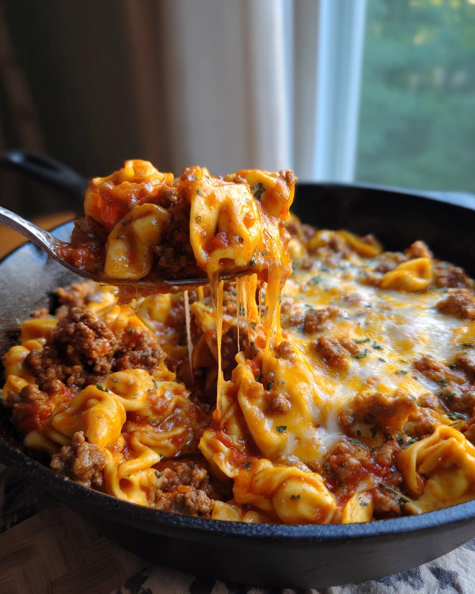 A spoonful of cheesy beef enchilada tortellini skillet showing a dramatic cheese pull over the main dish in a cast iron pan.