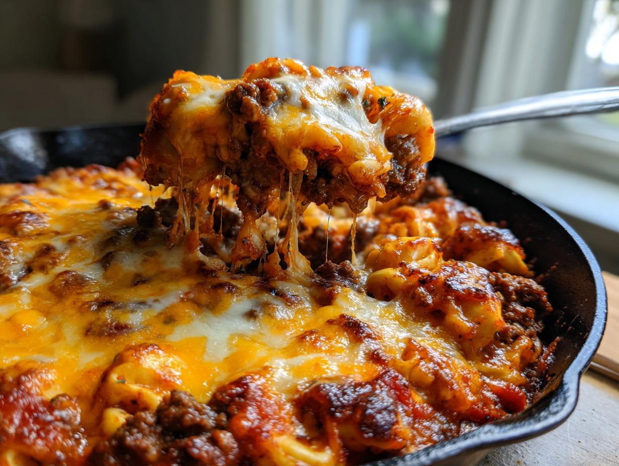 A spoonful being lifted from a cheesy beef enchilada tortellini skillet, showing extreme cheese pull.
