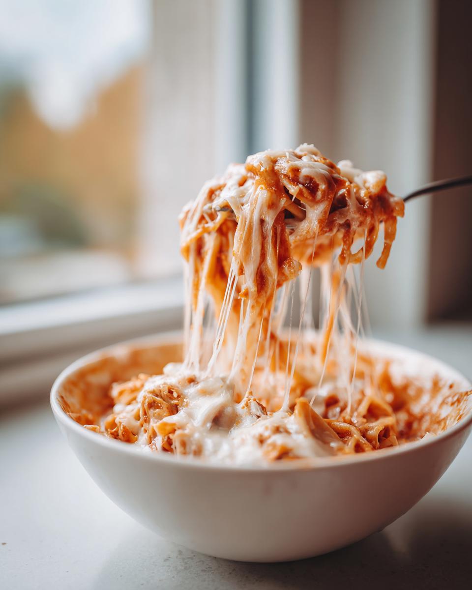 A fork lifts cheesy, saucy pasta or shredded chicken mixture from a white bowl, showing long cheese pulls from the crockpot italian chicken.