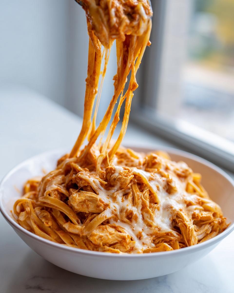 A serving of crockpot italian chicken mixed with pasta and topped with melted, stringy mozzarella cheese.