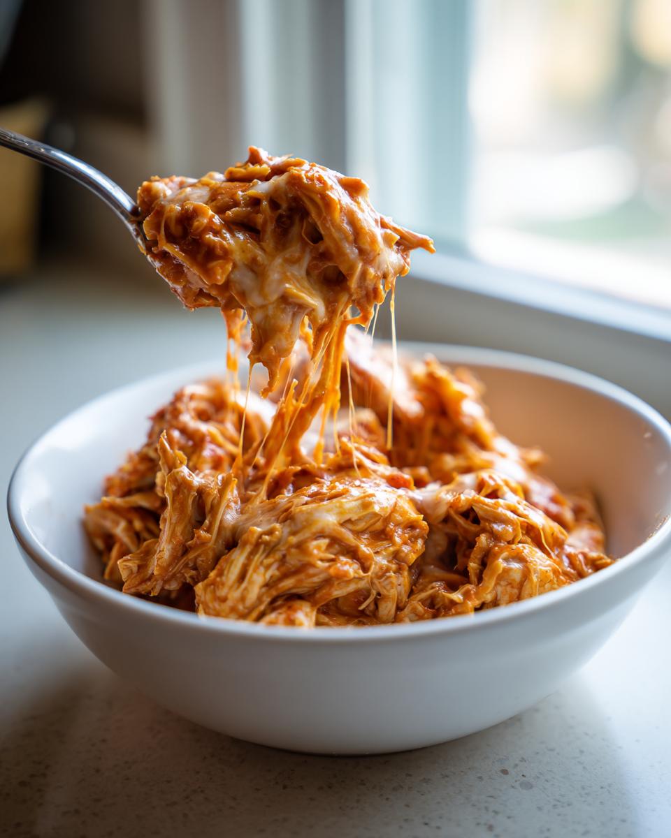 A spoonful of cheesy, shredded crockpot italian chicken is lifted from a white bowl, showing long cheese pulls.
