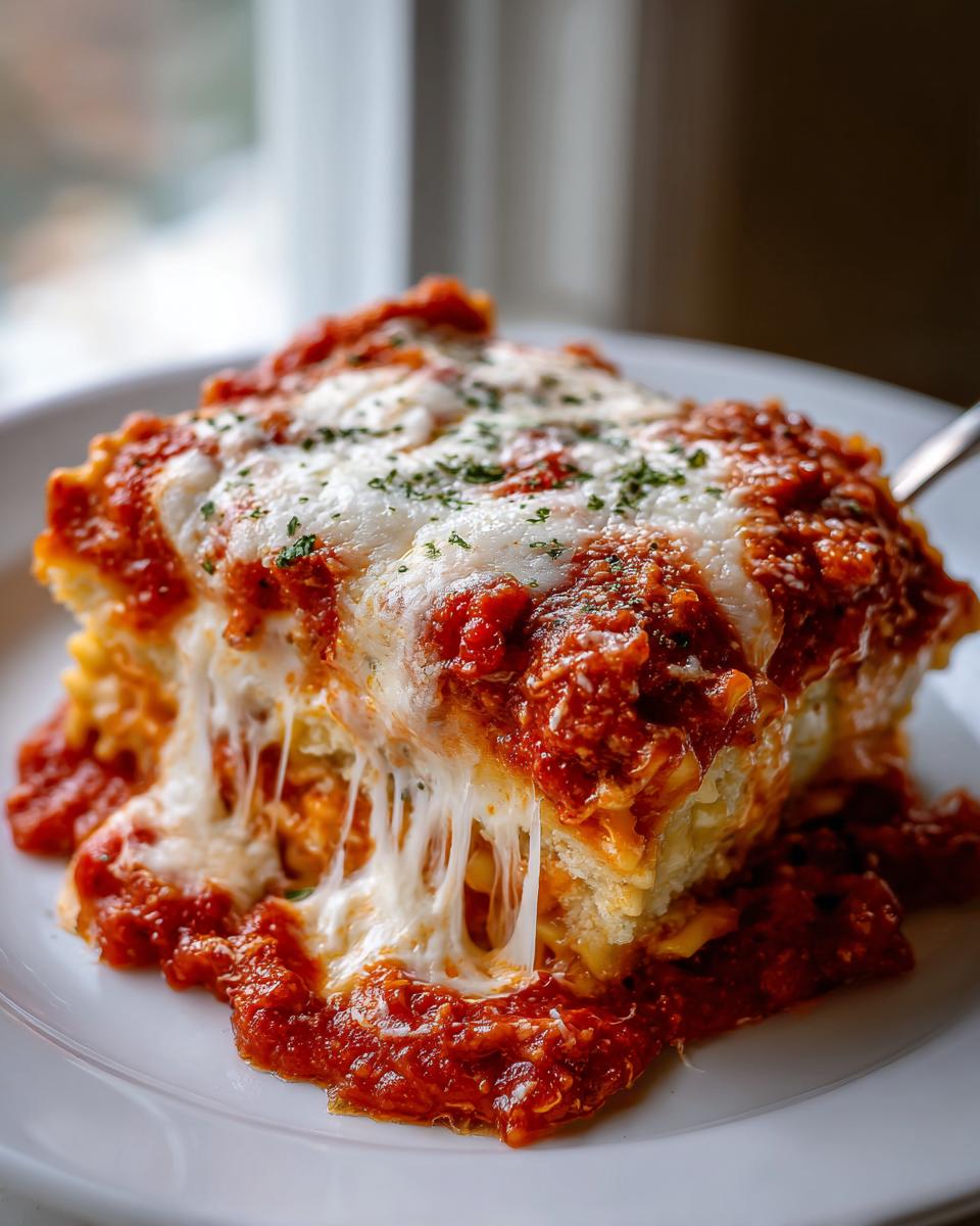 A gooey, cheesy slice of crockpot ravioli lasagna no meat covered in rich tomato sauce and herbs.