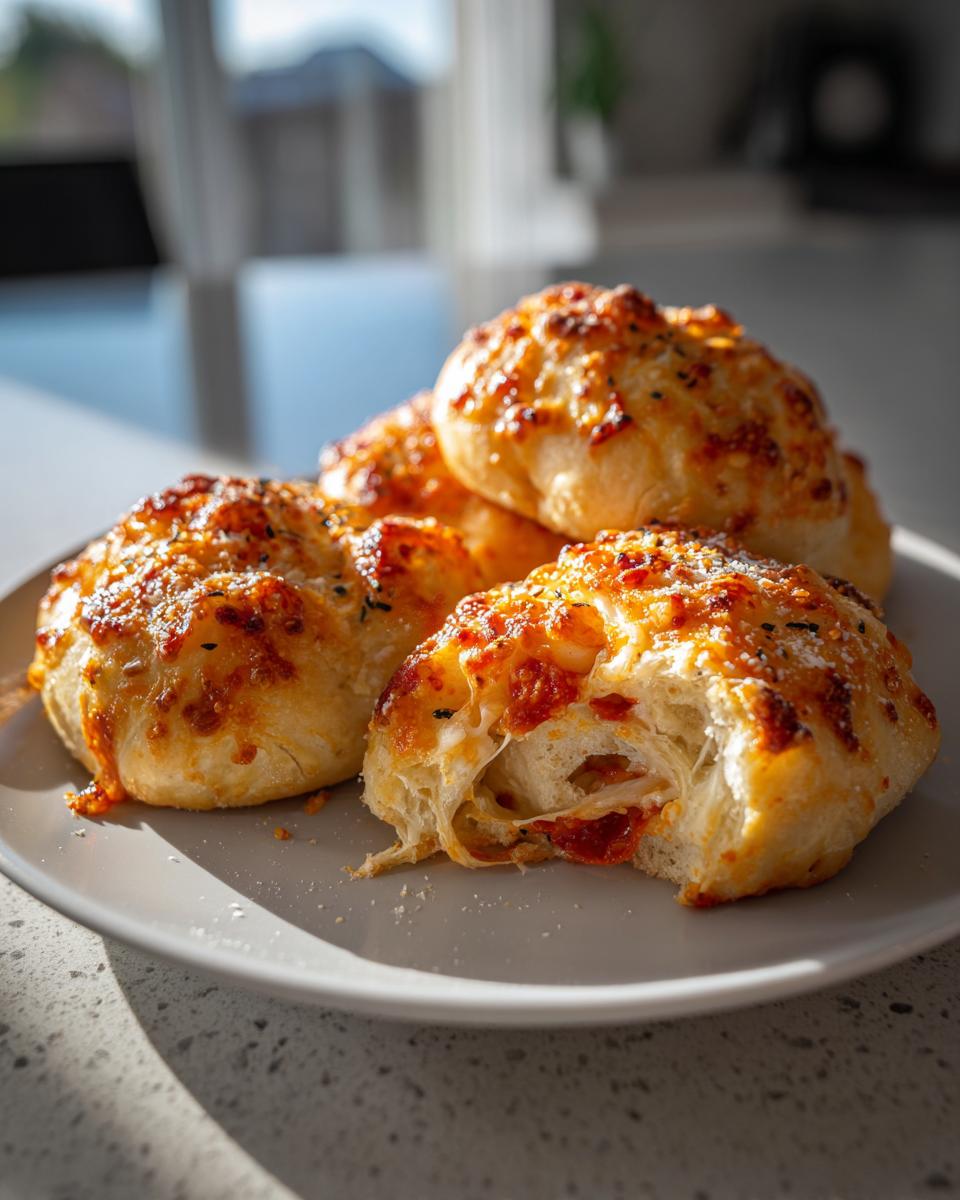 Four golden brown cheesy garlic pepperoni pizza bombs stacked on a plate, one is broken open showing melted cheese pull.