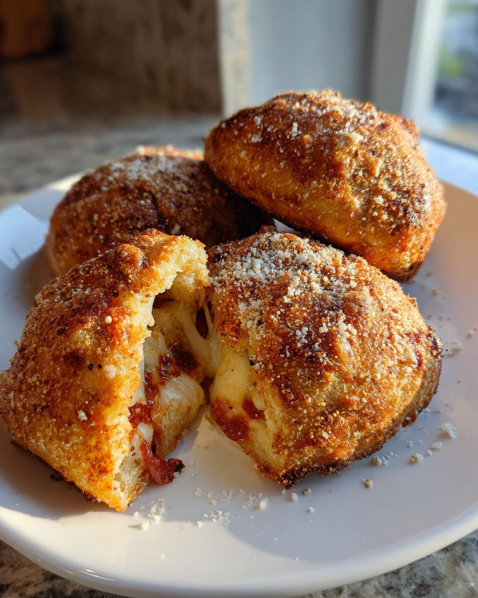 Close-up of cheesy garlic pepperoni pizza bombs, one split open showing melted cheese and pepperoni.