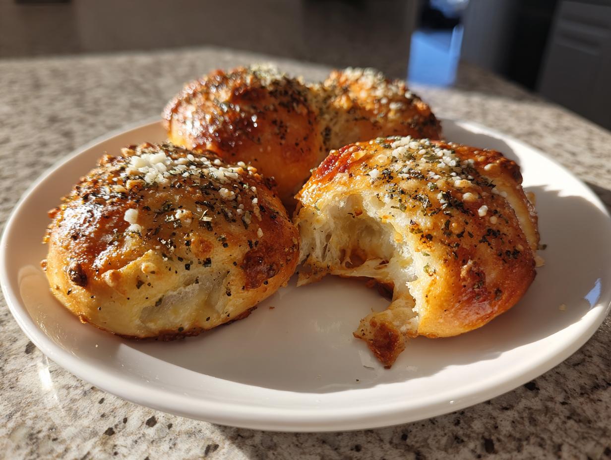 Three golden-brown cheesy garlic pepperoni pizza bombs, one with a bite taken out, on a white plate.
