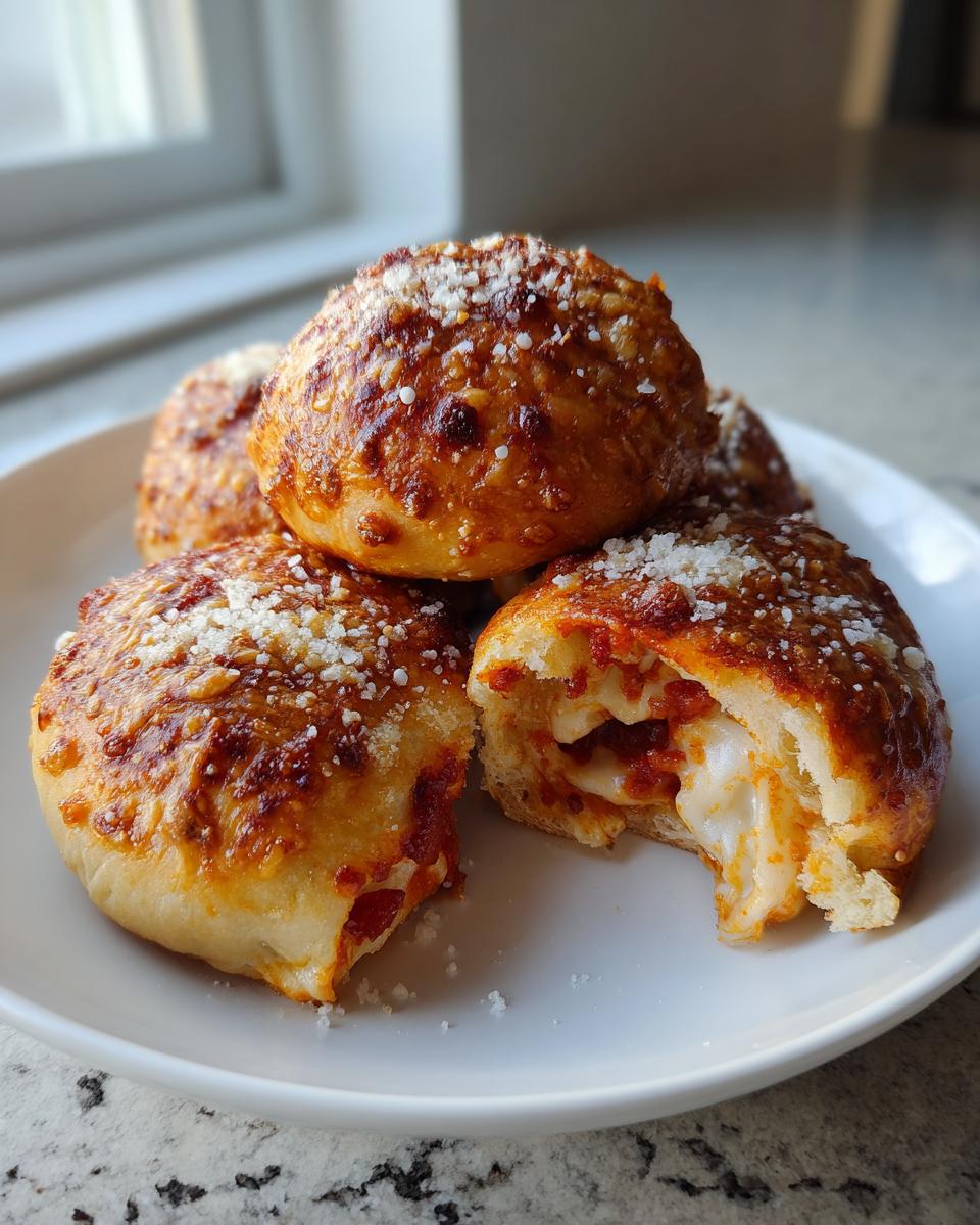 Close-up of cheesy garlic pepperoni pizza bombs, one broken open showing melted mozzarella cheese and pepperoni filling.