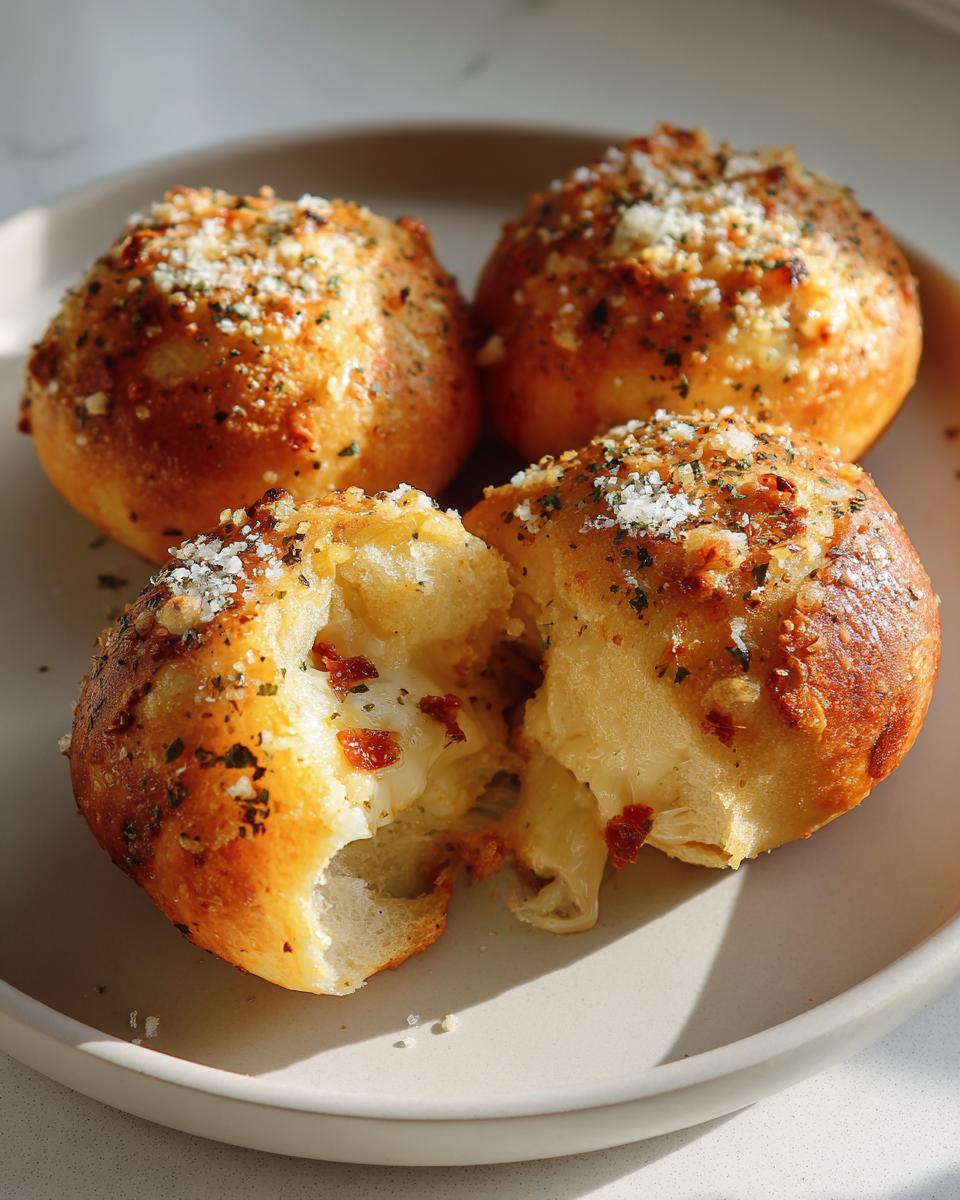 Close-up of cheesy garlic pepperoni pizza bombs, one pulled apart showing melted cheese and pepperoni filling.