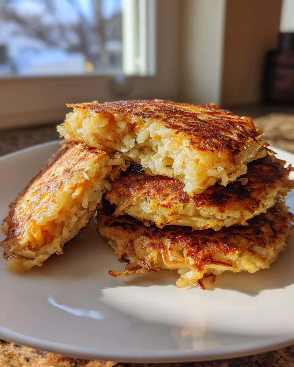A stack of crispy, golden brown cheesy potato pancakes, one broken open to show the texture inside.