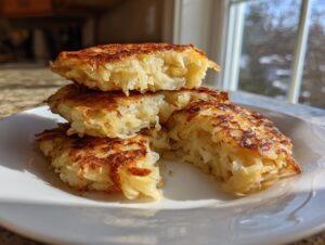 A stack of crispy, golden brown cheesy potato pancakes, showing shredded texture inside, served on a white plate.