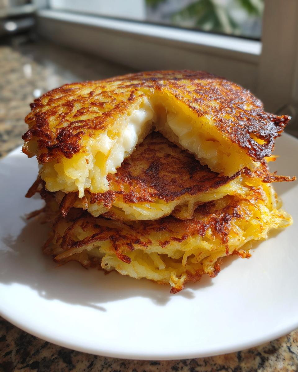 A stack of golden brown, crispy cheesy potato pancakes, cut open to reveal a gooey, melted cheese filling.